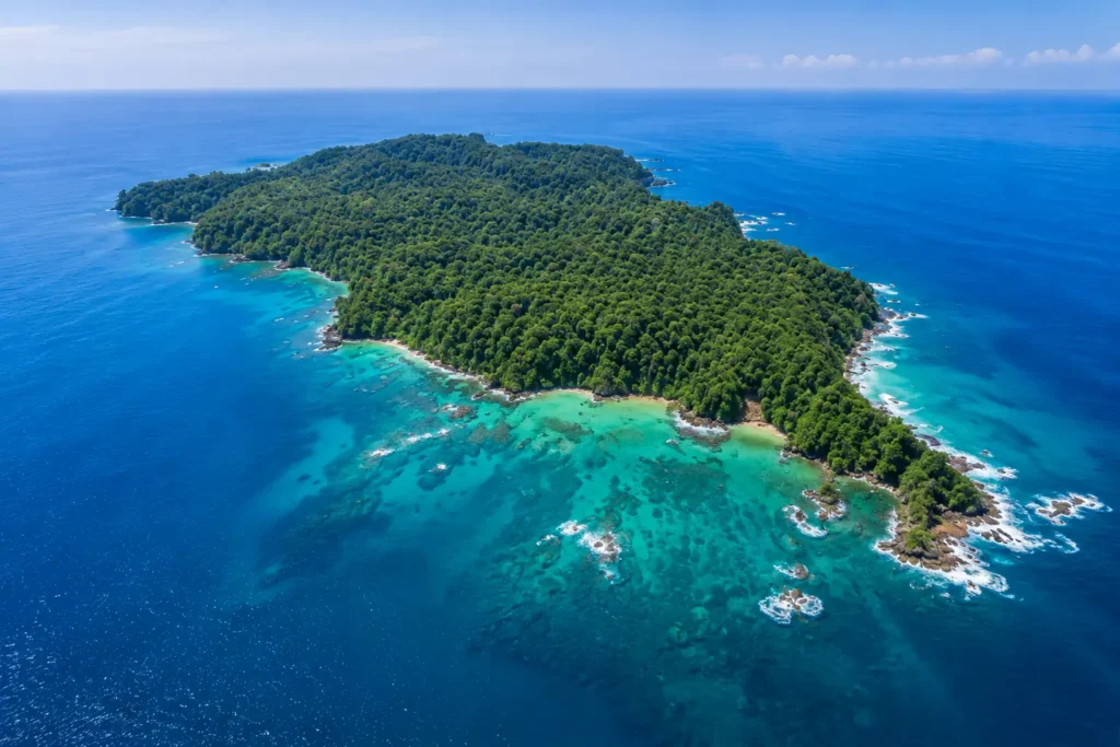 Aerial view of Caño Island Biological Reserve surrounded by turquoise waters near Drake Bay, Costa Rica