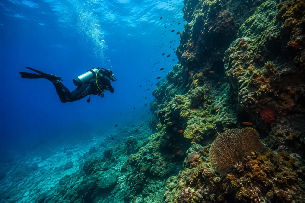 Scuba diver exploring a reef wall at Caño Island Biological Reserve, Costa Rica