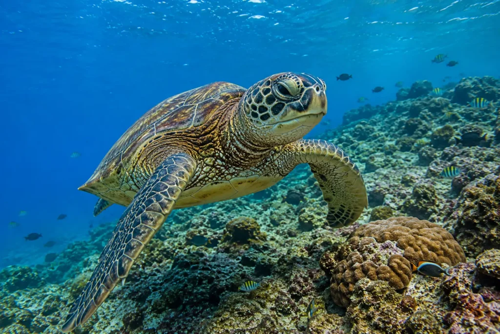 Sea turtle swimming above a coral reef at Caño Island Biological Reserve, Costa Rica