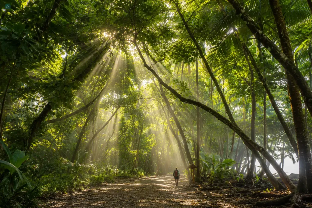 Hikers walking along a tropical rainforest trail in Corcovado National Park