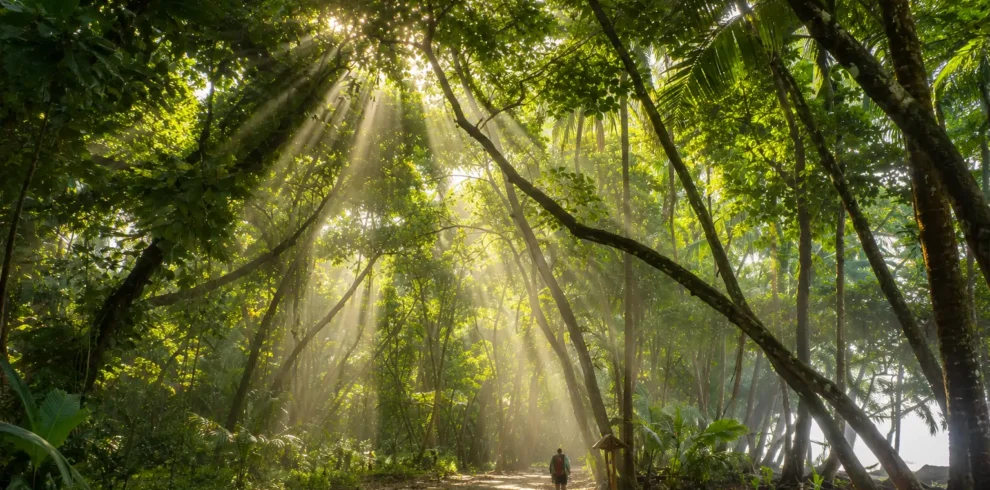 Hikers walking along a tropical rainforest trail in Corcovado National Park